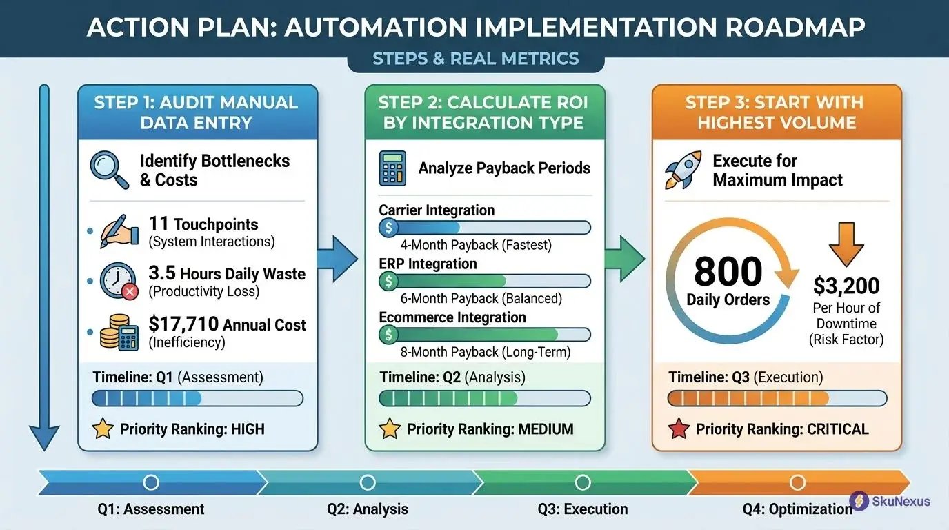 WMS integration implementation action plan showing ROI calculations and priority ranking by payback period