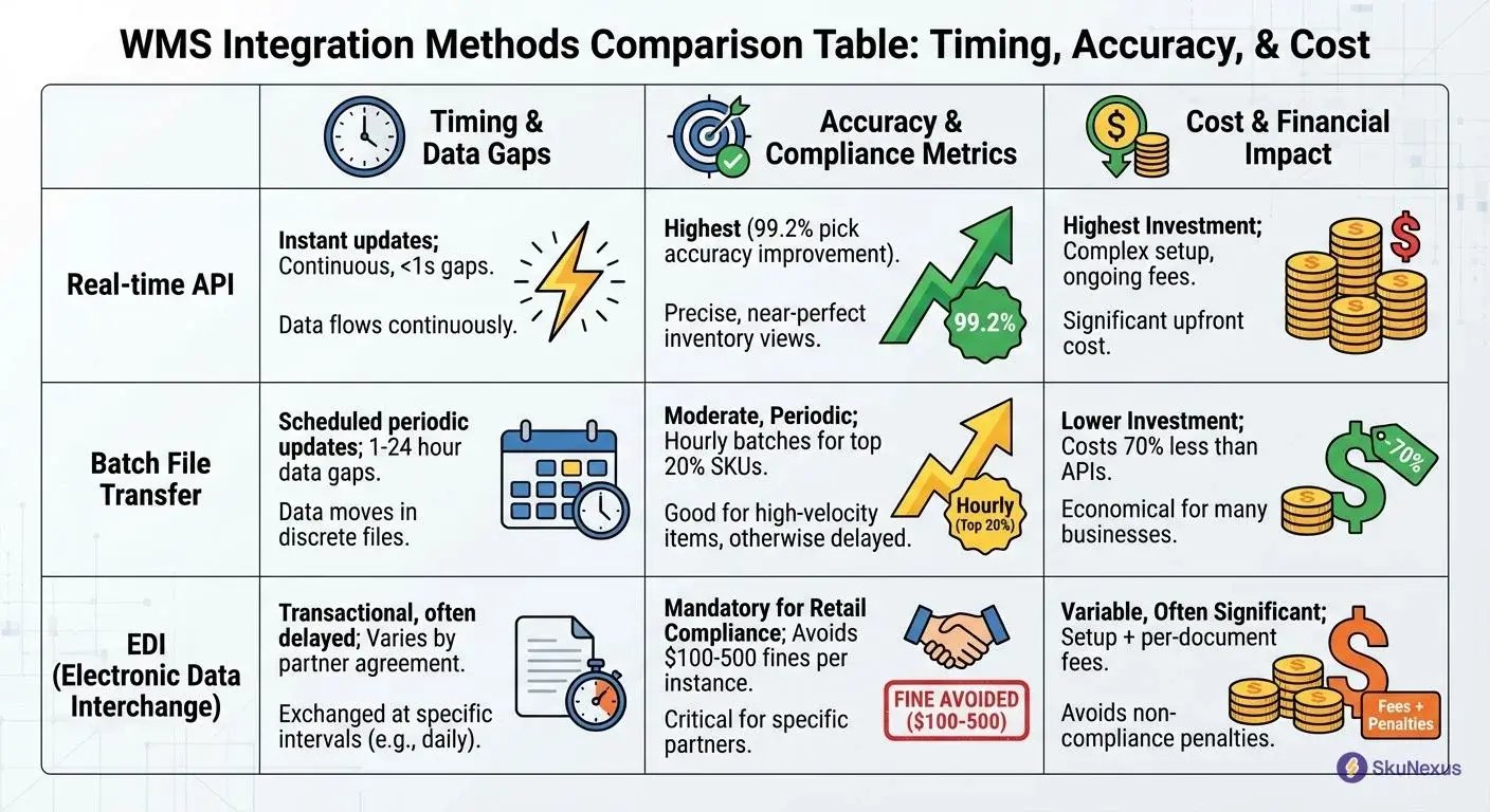 WMS integration methods comparison showing API real-time updates versus batch file transfer cost savings