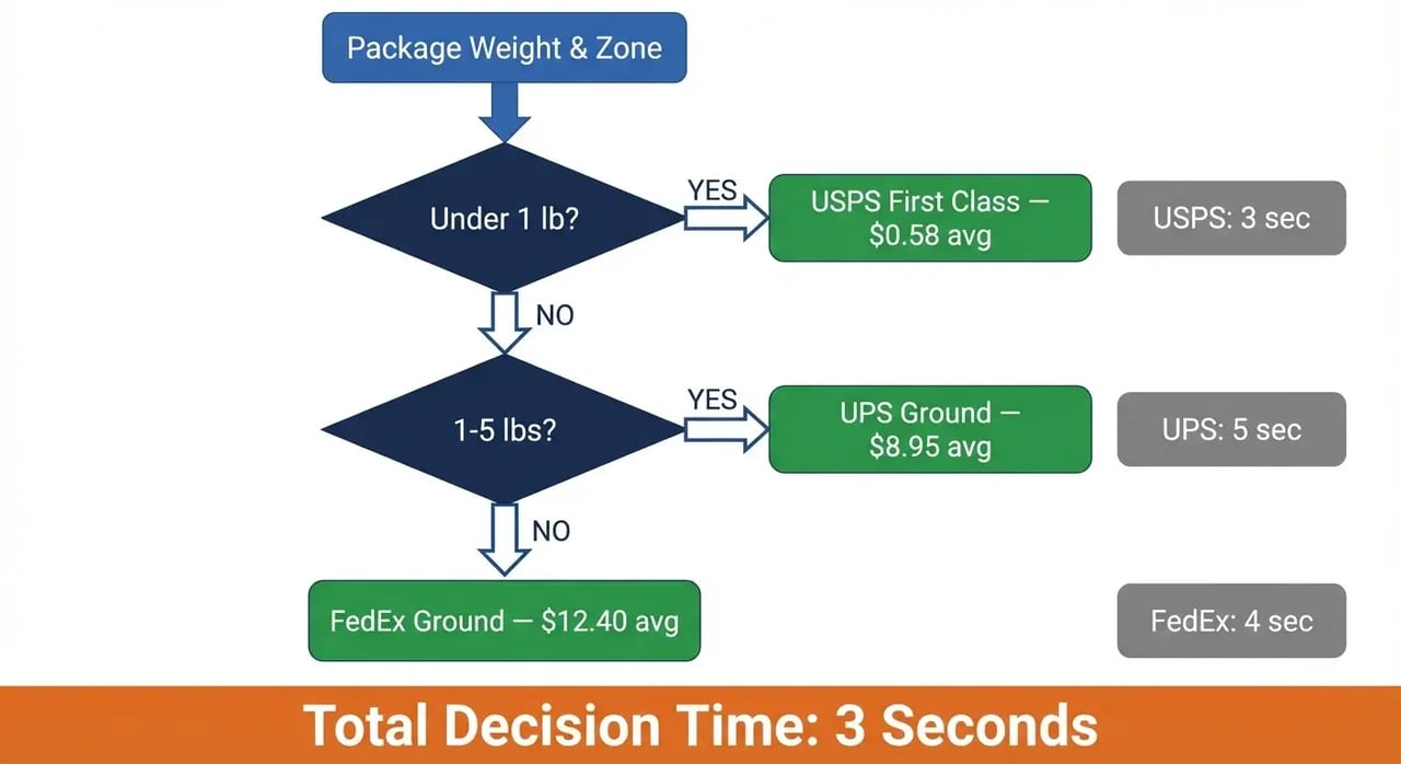 Automated carrier selection flowchart for pick pack ship showing weight-based routing to USPS UPS and FedEx in 3 seconds