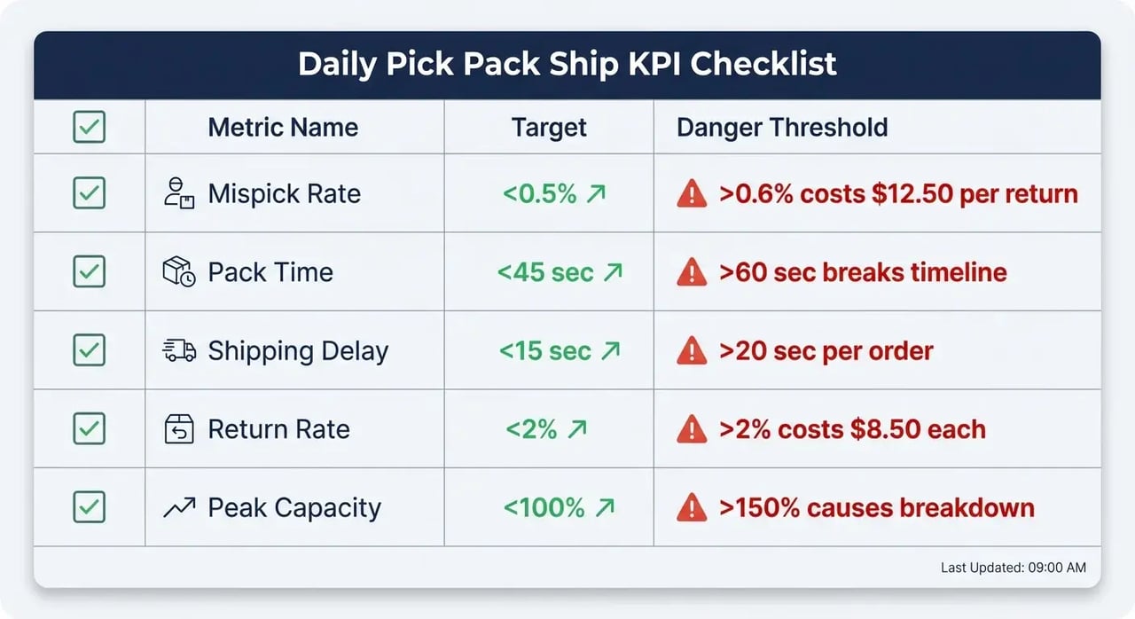 Daily pick pack ship KPI monitoring checklist with mispick rate pack time shipping delay and return rate targets