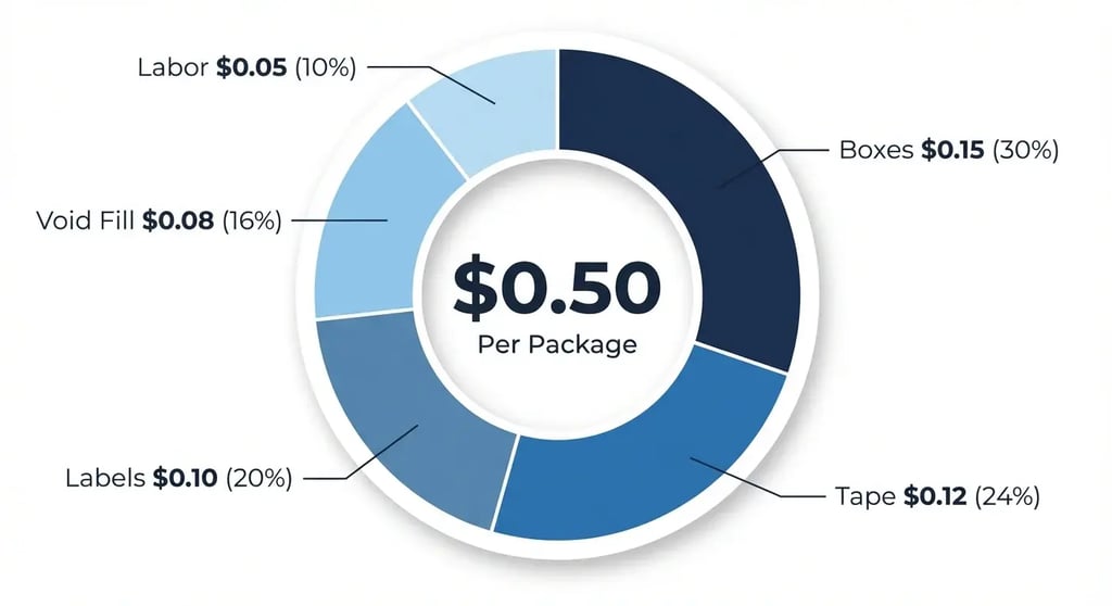 Packing cost breakdown chart showing $0.50 per package with boxes tape labels void fill and labor for pick pack ship optimization