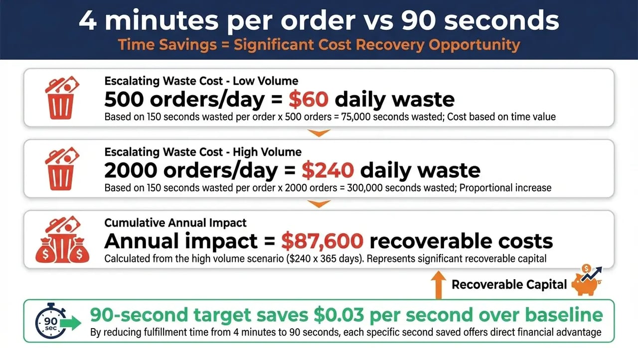 Pick pack ship cost savings infographic showing $87,600 annual recovery potential through order fulfillment optimization