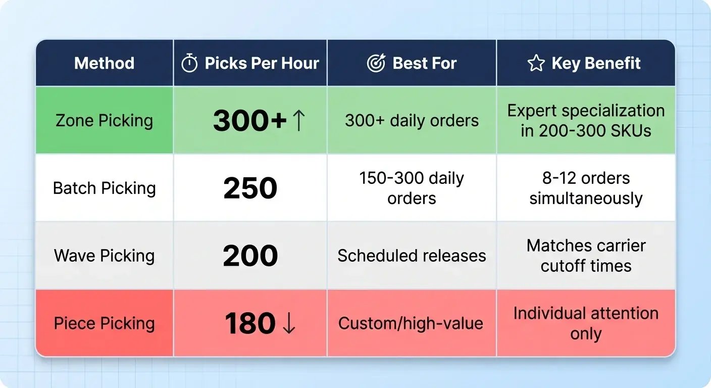 Warehouse picking methods comparison showing zone picking at 300+ picks per hour versus batch wave and piece picking for order fulfillment