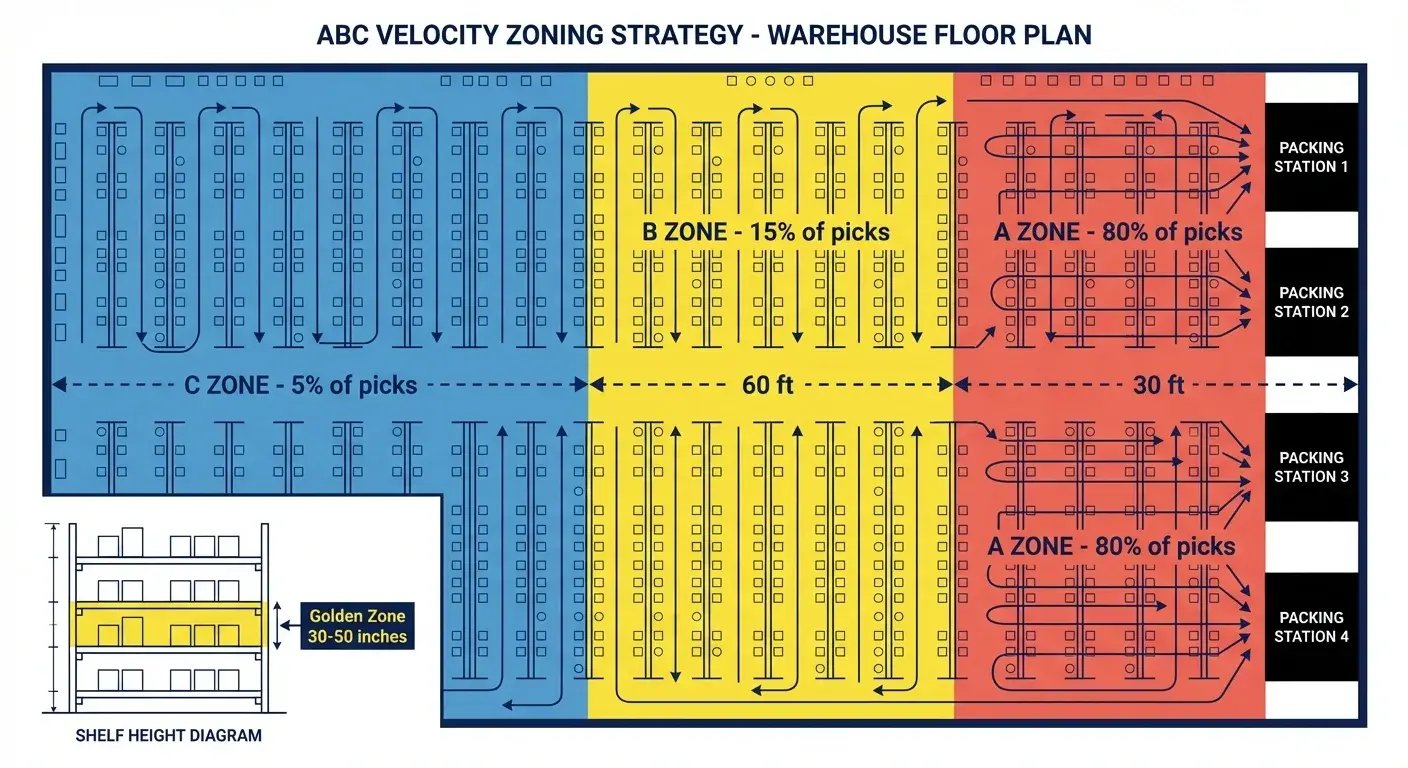 ABC warehouse layout zoning diagram showing pick pack ship zone optimization with 30-60 foot distance markers for fulfillment