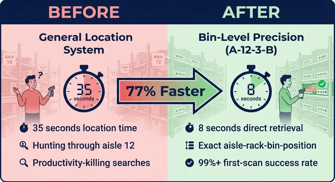 Bin-level inventory precision reducing pick location time from 35 seconds to 8 seconds in pick and pack software