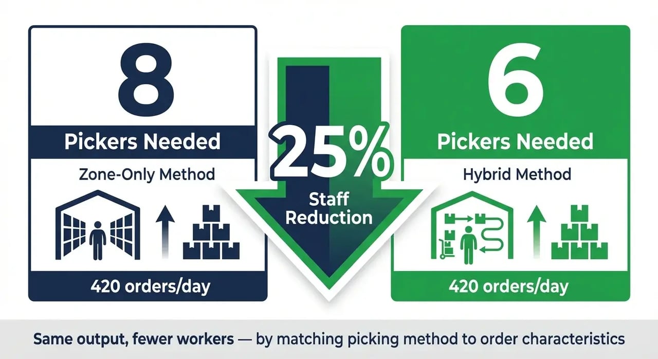 Hybrid pick and pack method efficiency showing 25% staff reduction from 8 to 6 pickers for 420 daily orders