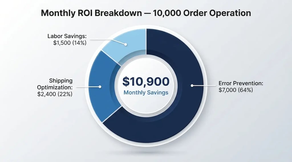 Pick and pack software monthly ROI breakdown showing $10,900 total with $7,000 from error prevention