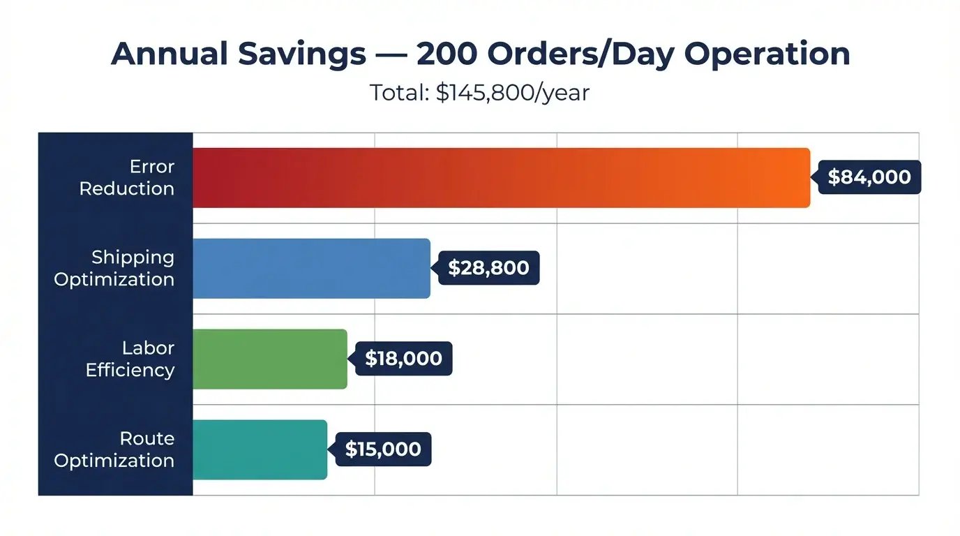 Pick and pack software annual savings breakdown showing $84,000 from error reduction for 200 daily order operation