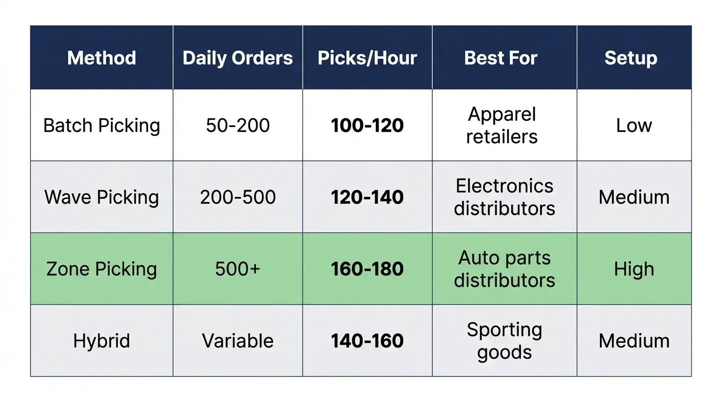 Picking method comparison table showing batch wave zone and hybrid productivity rates for pick and pack software