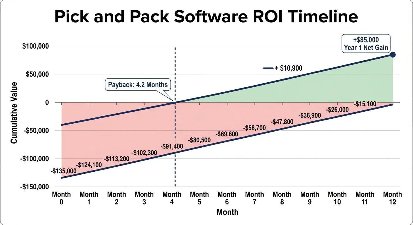 Pick and pack software ROI timeline showing 4.2 month payback period with $10,900 monthly savings reaching $85,000 year one