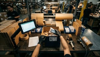 Pick and pack software implementation showing warehouse worker using barcode scanner with directed picking workflow