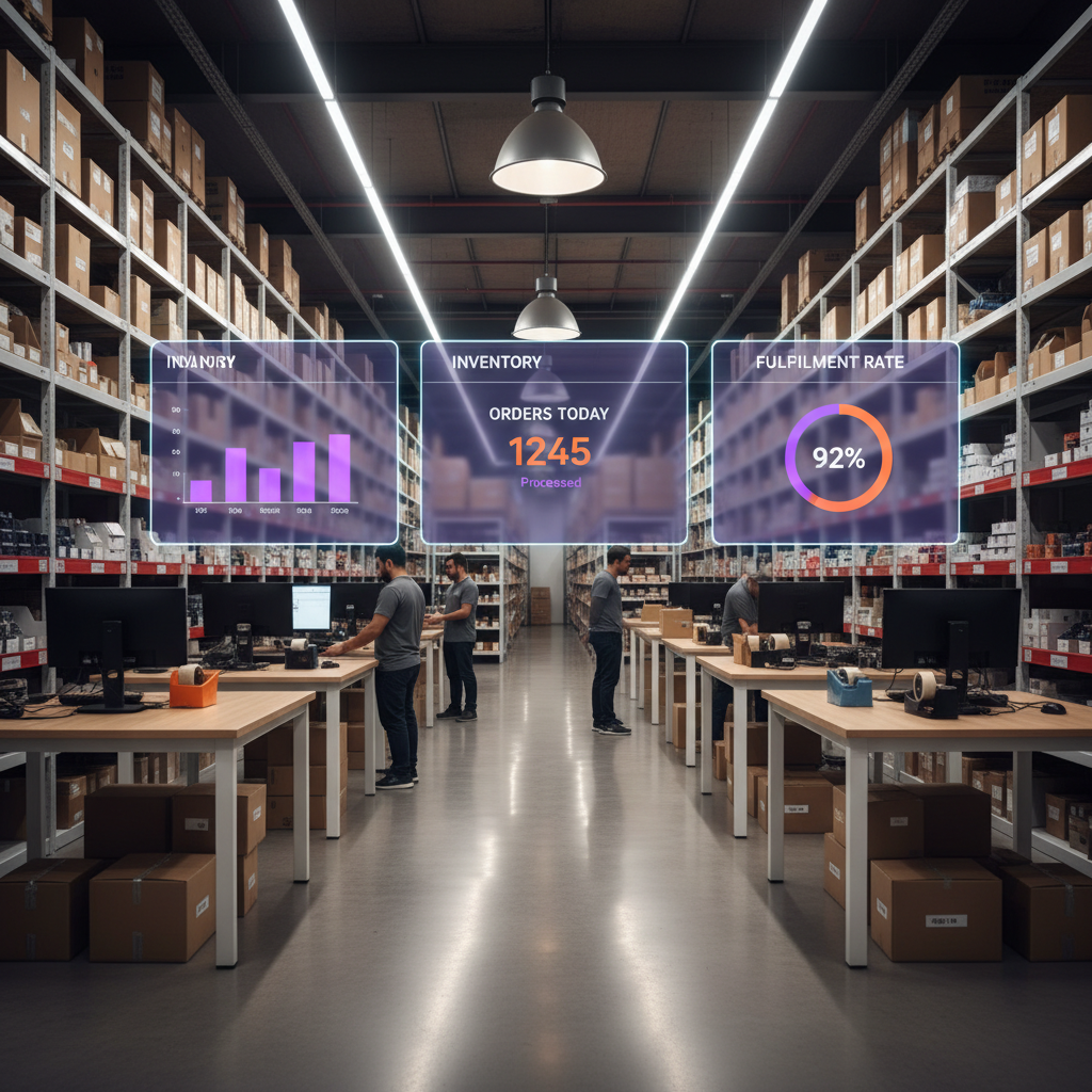 SkuNexus dashboard interface overlaid on a modern fulfillment warehouse, showing real-time inventory and order management metrics
