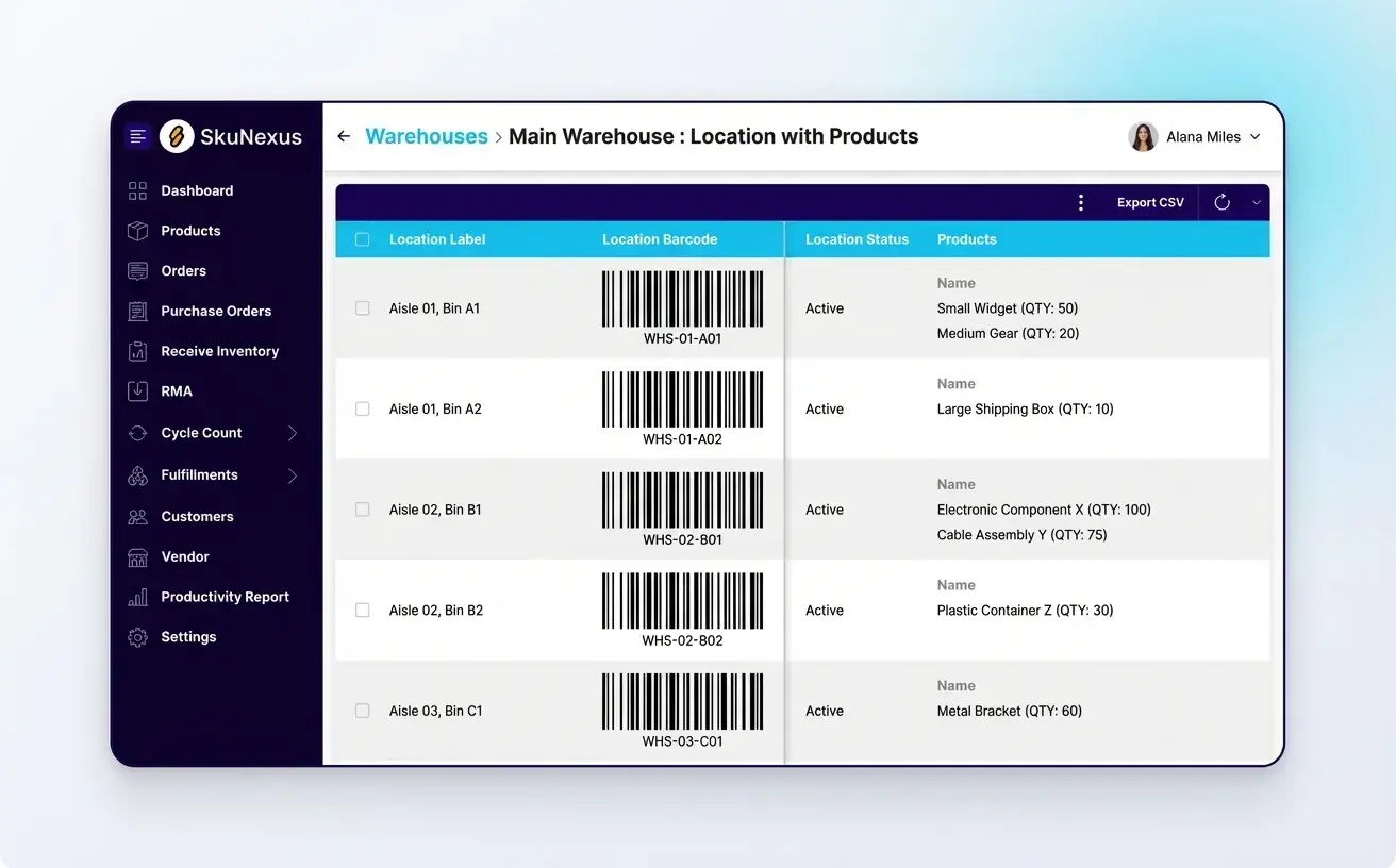 Warehouse bin with barcode label
