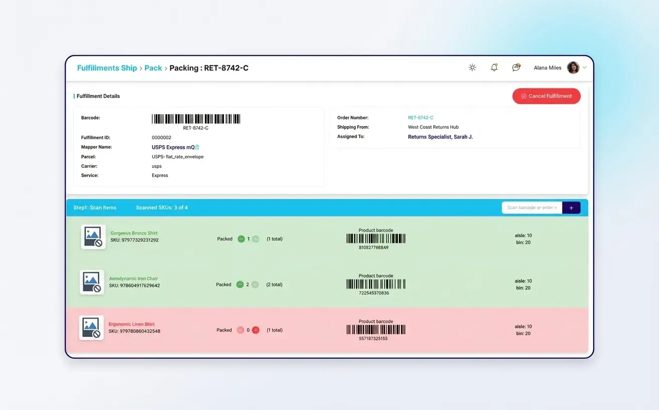 Returns processing screen