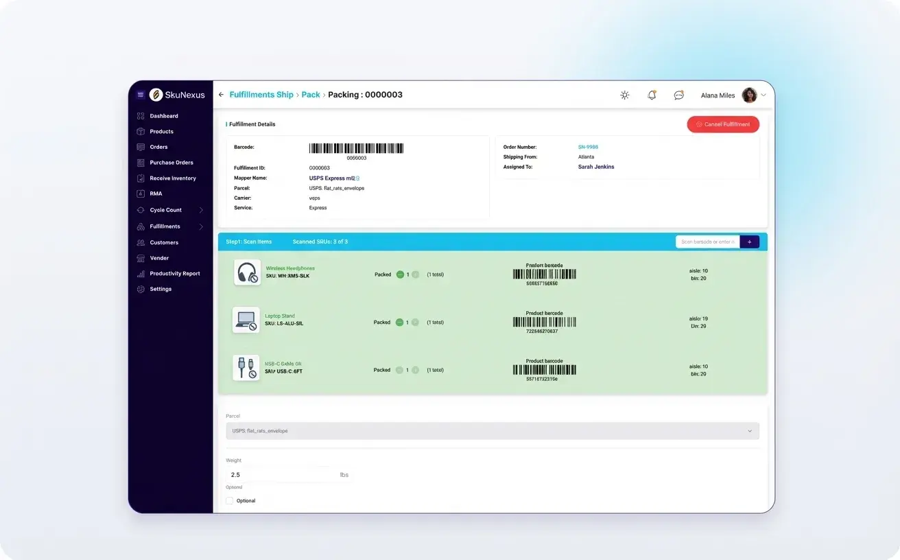 Pack station with shipment details