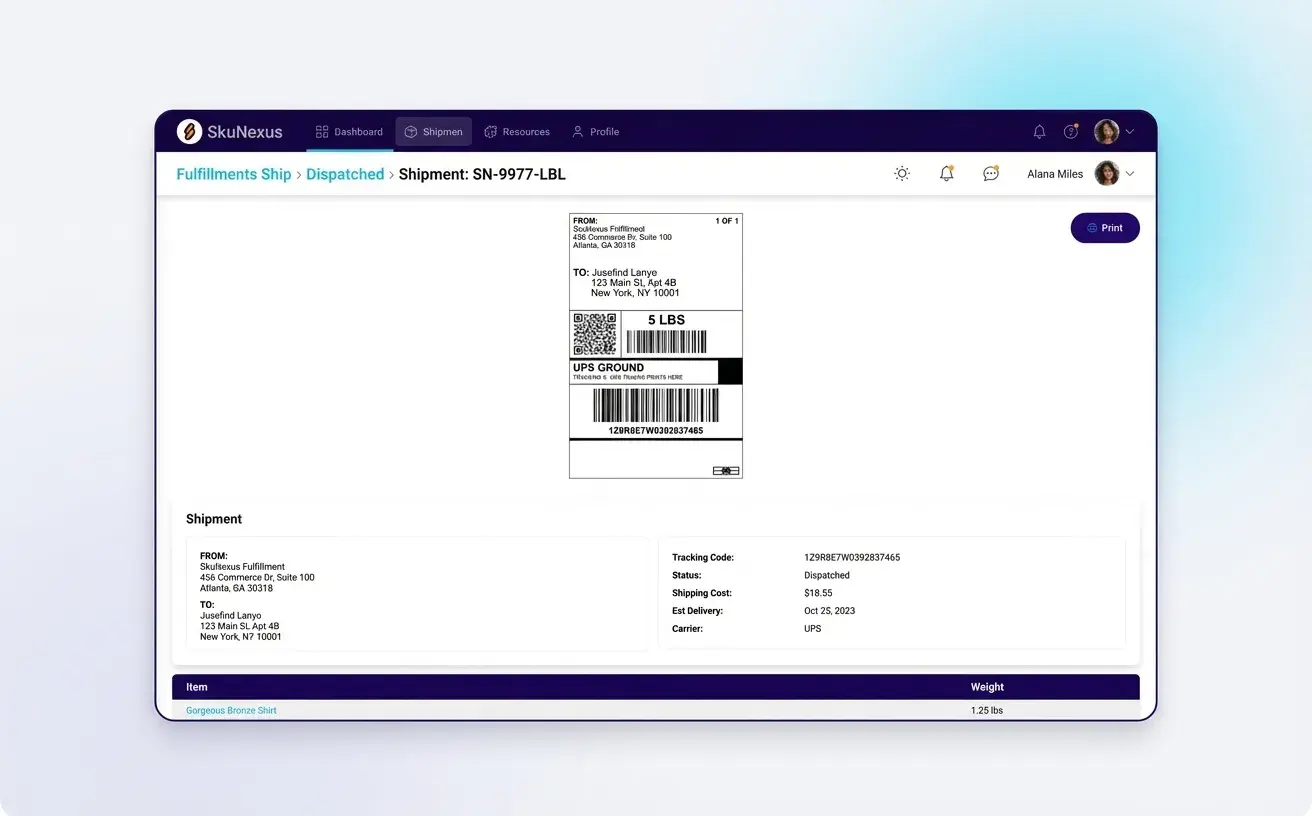 Shipping label printed with tracking